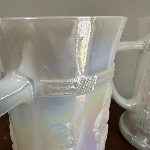 Federal Milk Glass Beer Steins Iridescent Tavern Scene Mugs Set of 2 USA - Picture 8 of 9